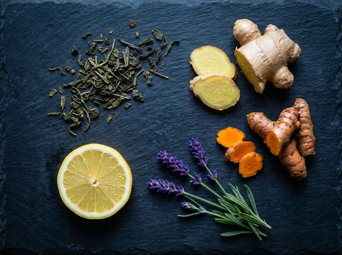 Botanische ingrediënten voor Ozalyn: groene thee, gember, kurkuma en citroen